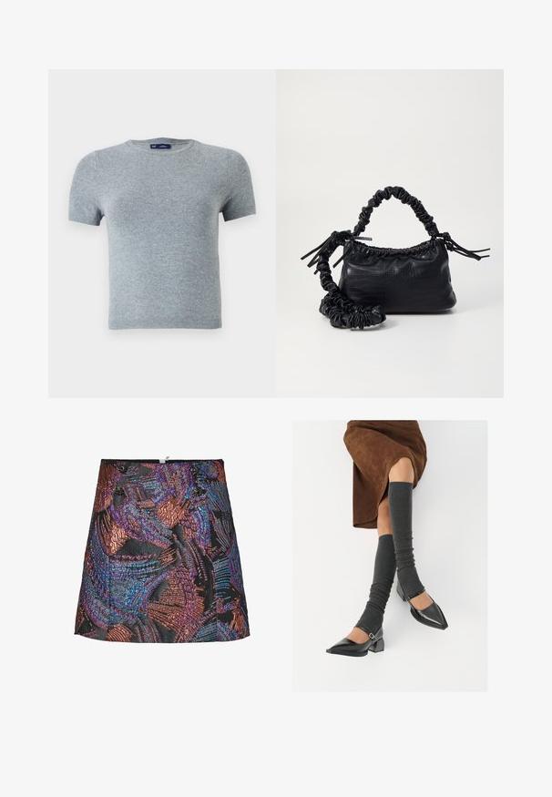 Szürke, rövid ujjú póló puha kötött anyagból, kerek nyakkivágással és testhezálló fazonnal, minimális varratokkal és minták nélkül.; Fémes mini szoknya texturált mintával, élénk lila és bronz árnyalatokban, fekete alappal és díszes gombokkal a derékrészen.; Fekete lakk bőrből készült, hegyes orrú cipők, tömbsarkúakkal és bokapánttal, szürke bordás lábszármelegítőkkel és barna velúr szoknyával párosítva.; Fekete műbőr kézi táska krokodil bőr textúrával, összehúzható tetejű és gyűrt pánttal. Lágy és kompakt dizájnúnak tűnik.