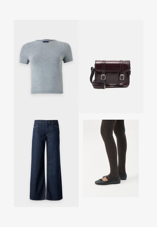 Γκρι κοντομάνικο μπλουζάκι φτιαγμένο από μαλακό πλεκτό ύφασμα, με στρογγυλή λαιμόκοψη και εφαρμοστή σχεδίαση με ελάχιστη ραφή και χωρίς σχέδια.; Φαρδιά τζιν παντελόνια σε σκούρο μπλε τζιν. Διαθέτουν αντίθεση στη ραφή, πέντε τσέπες και κλείσιμο με κουμπί στη μέση. Λείο υλικό.; Μαύρες επίπεδες γυναικείες παπουτσάκια με μια μικρή λεπτομέρεια φιόγκο στην μύτη, συνδυασμένες με σκούρες καφέ ριγέ καλσόν. Τα παπούτσια έχουν λεία υφή και χαμηλό προφίλ.; Μπορντό δερμάτινη τσάντα χιαστί με ορθογώνιο σχήμα, δύο λουριά, ασημένια μεταλλικά μέρη και κλείσιμο με καπάκι.