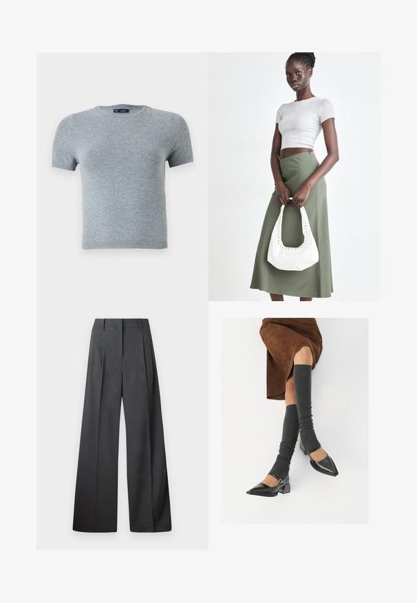 Grå kortärmad t-shirt i mjukt stickat tyg, med rund halsringning och en figurnära design med minimal sömnad och inga mönster.; Vida byxor i mörkgrått tyg, med hög midja, enkla veck och en mjuk yta med en ren finish vid fållen.; Svarta lackläderskor med spetsig tå, blockklack och ankelrem, i kombination med grå ribbade benvärmare och en brun mockakjol.; Grå ribbad crop top och olivgrön högmidjad kjol. Modellen håller en vit axelremsväska med utskärningar. Enkelt design, tight passform.