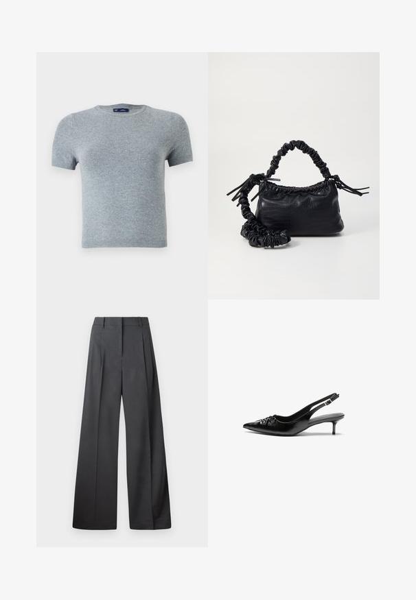 T-shirt cinza de manga curta feito de tecido de malha suave, com um decote redondo e um design ajustado, apresentando costuras mínimas e sem padrões.; Calças de perna larga em tecido cinza escuro, apresentando uma cintura alta, pregas simples e uma textura suave com um acabamento limpo nas bainhas.; Sapatos de salto alto slingback em couro preto com bico fino, pequeno salto kitten e um detalhe decorativo em forma de nó na parte da frente. Textura suave em toda a parte.; Bolsa de mão em couro sintético preto com textura de crocodilo, topo franzido e alça enrugada. Apresenta um design suave e compacto.