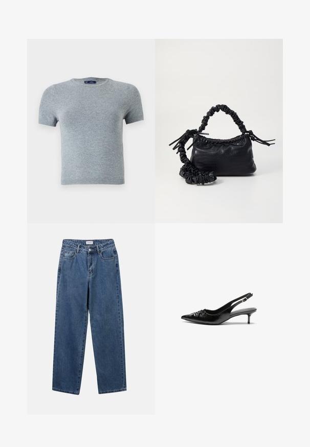 Gray short-sleeve t-shirt made of soft knit fabric, featuring a round neckline and a fitted design with minimal stitching and no patterns.; Classic blue denim jeans with a straight-leg design, five pockets, and a button closure. Features a medium wash and sturdy texture.; Black leather slingback heels with a pointed toe, small kitten heel, and a decorative knot detail on the front. Smooth texture throughout.; Black faux leather handbag with a crocodile texture, cinched top, and a scrunched strap. Appears soft and compact in design.