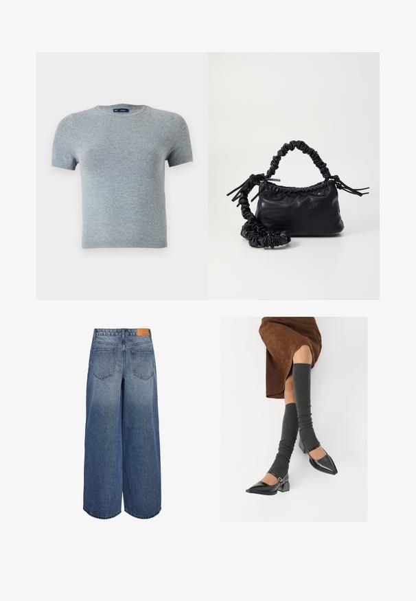 T-shirt cinza de manga curta feito de tecido de malha suave, com um decote redondo e um design ajustado, apresentando costuras mínimas e sem padrões.; Calças culottes de denim de perna larga em lavagem azul média com uma textura desbotada, apresentando dois bolsos traseiros e uma etiqueta de marca em couro castanho na cintura.; Sapatos pretos de pele lacada com biqueira pontuda, salto bloco e tiras no tornozelo, combinados com caneleiras cinzas em malha e uma saia de camurça castanha.; Bolsa de mão em couro sintético preto com textura de crocodilo, topo franzido e alça enrugada. Apresenta um design suave e compacto.