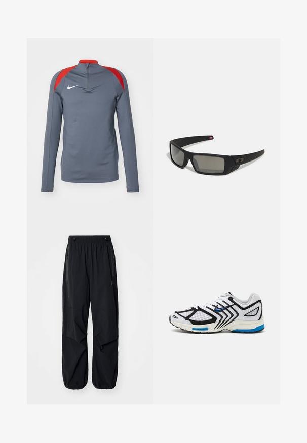 Nike Performance STRIKE DRILL TOP - Camisola de manga comprida - iron grey/dragon red/white; Calças cargo leves e pretas com uma cintura elástica, zíperes laterais e bolsos espaçosos. Apresentam um corte solto e bainhas ajustadas.; Sapatilha atlética branca com detalhes pretos, painéis de malha e pormenores azuis. Possui uma sola texturizada e linhas de design elegantes.; Óculos de sol pretos com acabamento mate, lentes retangulares, leve curvatura nas hastes, detalhe sutil do logo e lentes de cor fumada.