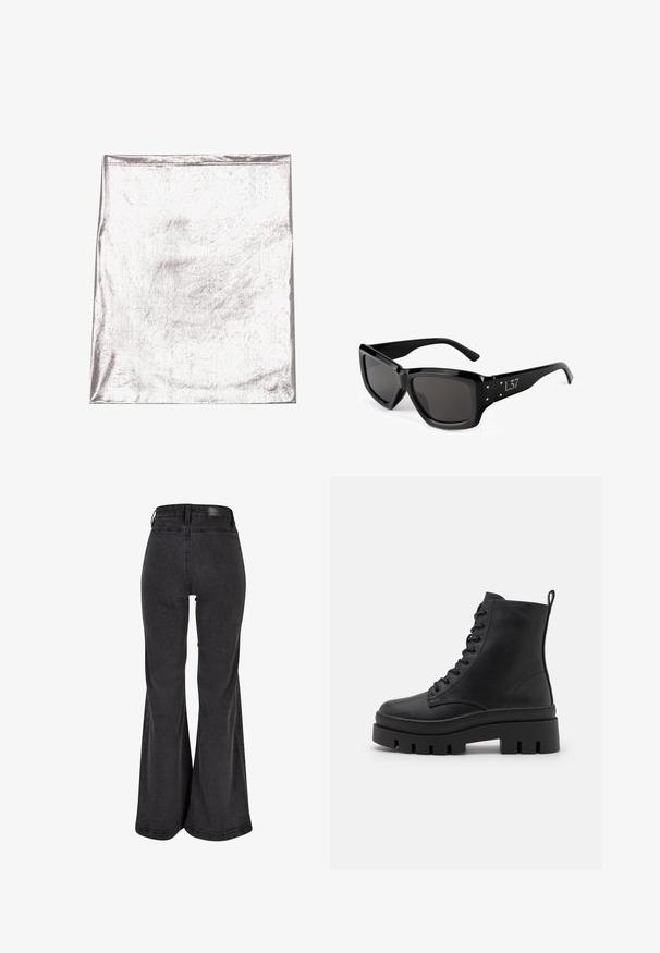 Tessuto metallico argenteo con una superficie liscia e una leggera lucentezza. Forma rettangolare, bordi ben cuciti, senza motivi o accenti prominenti.; Top corto in ecopelle nera con texture arricciata e forma strutturata, caratterizzato da una superficie liscia e dettagli di cucitura minimi.; Jeans neri svasati con una texture liscia, vita alta e una toppa con marchio sulla parte posteriore. Presentano un design a gamba larga e cuciture rinforzate.; Even&Odd Wide Fit Stivaletti con plateau - black; Occhiali da sole neri con montatura rettangolare, lenti scure e decorazioni triangolari ai lati. Texture di plastica liscia, design moderno.