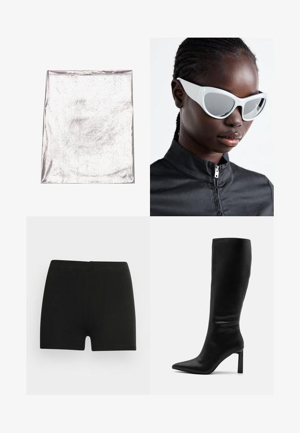 Metalna srebrna tkanina z gladko teksturo in rahlim leskom. Pravokotna oblika, robovi lepo zašiti, brez izrazitih vzorcev ali akcentov.; Črni usnjeni korzet brez naramnic z teksturiranimi paneli, srebrnimi zakovicami, asimetrično obliko in vidnim zadrgo na strani.; Črne bombažne kratke hlače s prilagojeno zasnovo in elastičnim pasom. Gladka tekstura, dolžina do sredine stegna in brez vidnih vzorcev ali detajlov.; Even&Odd Škornji - black; Bele sončna očala z drznim, prenapolnjenim dizajnom in ogledalnimi lečami, ki imajo gladke plastične okvirje in poudarjene krivulje.