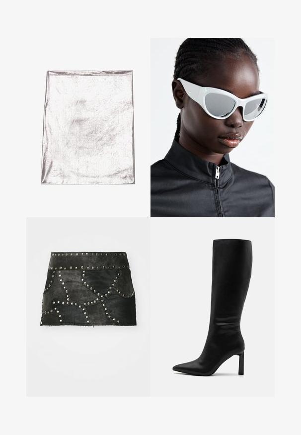 Metalna srebrna tkanina z gladko teksturo in rahlim leskom. Pravokotna oblika, robovi lepo zašiti, brez izrazitih vzorcev ali akcentov.; Črna usnjena krila z dekorativnimi srebrnimi žebljički in ukrivljenim šivom. Ima prilegajoč pas in rob, ki se nahaja nad srednjo stegnom.; Even&Odd Škornji - black; Bele sončna očala z drznim, prenapolnjenim dizajnom in ogledalnimi lečami, ki imajo gladke plastične okvirje in poudarjene krivulje.