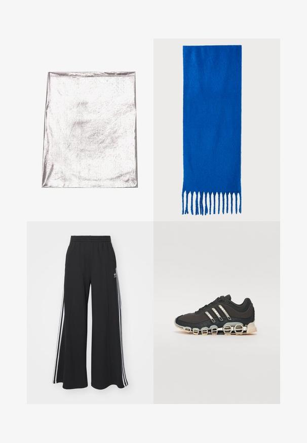Tecido prateado metálico com uma textura suave e ligeiro brilho. Forma retangular, bordas bem costuradas, sem padrões ou acentos proeminentes.; Calças de suor largas e pretas com uma cintura elástica, apresentando riscas brancas nas laterais e um logótipo bordado na coxa esquerda.; Shoe desportivo preto com um upper texturizado, três riscas prateadas e uma sola de amortecimento distinta, apresentando múltiplas secções integradas.; Cachecol azul com franjas, feito de tecido macio; apresenta uma cor sólida com uma superfície texturizada e franjas cortadas de forma uniforme na parte inferior.