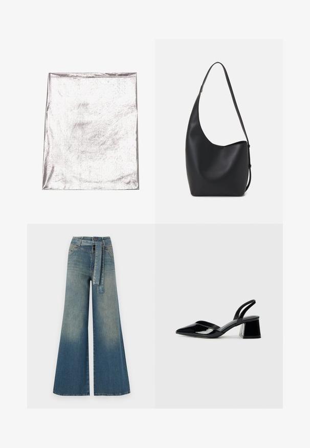 Metallic silver fabric with a smooth texture and slight sheen. Rectangular shape, edges neatly stitched, no prominent patterns or accents.; Wide-leg denim trousers featuring a light to dark blue gradient, high waist, belt loops, and a matching fabric belt. Textured denim finish.; Black patent leather slingback heels with a pointed toe and a geometric block heel. Features a sleek, minimal design and smooth texture.; Black leather hobo bag with a smooth texture, curved shape, and single adjustable strap; features a wide opening at the top.