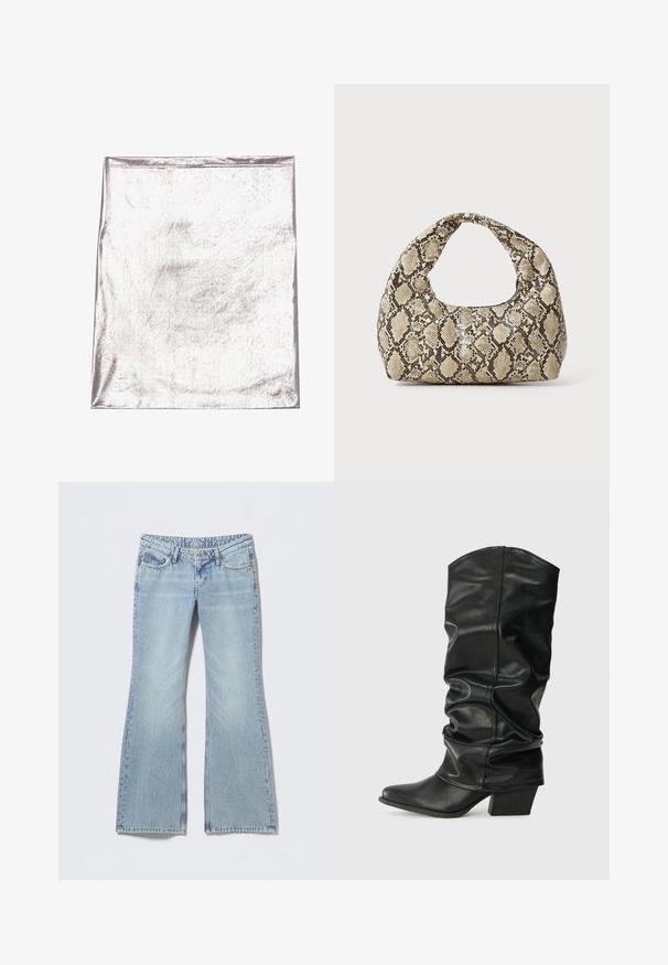 Metallic silver fabric with a smooth texture and slight sheen. Rectangular shape, edges neatly stitched, no prominent patterns or accents.; Light blue flared jeans with a faded finish, five-pocket design, and contrasting stitching. Cotton denim with a smooth texture.; Black leather knee-high boots with a slouched design, pointed toe, and a chunky heel, featuring smooth texture and minimal stitching.; Snake-print handbag with a curved handle. Made from textured, beige and brown materials, featuring a distinctive diamond pattern.