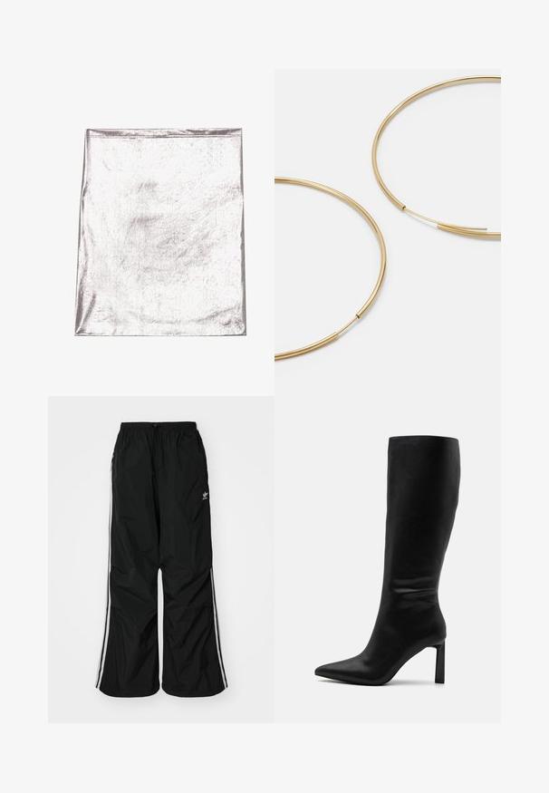 Metaliczna srebrna tkanina o gładkiej fakturze i delikatnym połysku. Prostokątny kształt, brzegi starannie zszyte, bez wyraźnych wzorów ani akcentów.; Czarne spodnie wiatrówka z elastycznym paskiem w talii, sznurkiem do regulacji, białymi paskami po bokach, luźny krój, z małym logo po lewej stronie.; Even&Odd - Kozaki; Złote kolczyki w kształcie cienkich okrągłych obręczy, o gładkim metalicznym wykończeniu, bez zdobień czy wzorów.