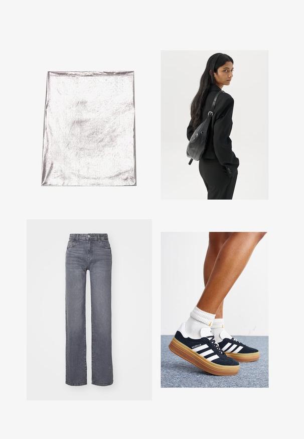 Metalická stříbrná látka s hladkou texturou a mírným leskem. Obdélníkový tvar, okraje pečlivě šité, bez výrazných vzorů nebo akcentů.; Šedé široké džíny vyrobené z džínoviny s hladkou texturou, s knoflíkovým a zipovým zapínáním a pěti kapsami.; Černé semišové tenisky s bílými pruhy a detaily, zaoblenou špičkou, podrážkou z gumy barvy žvýkačky, doplněné bílými žebrovanými ponožkami ke kotníkům.; Žena s dlouhými tmavými vlasy, oblečená v černém obleku, nese černou koženou kabelku přes rameno a dívá se přes rameno na bílém pozadí.