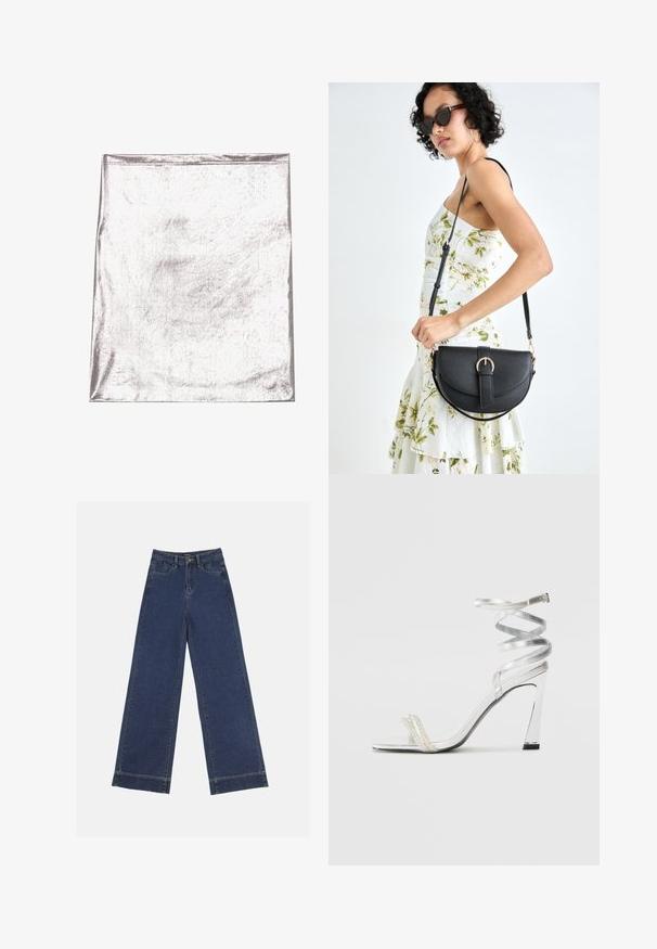 Metallic silver fabric with a smooth texture and slight sheen. Rectangular shape, edges neatly stitched, no prominent patterns or accents.; Wide-leg jeans in dark blue denim. Features five pockets, belt loops, and a raw hem at the bottom with visible stitching details.; Silver high-heeled sandal with a shiny strap design, featuring a pearl-like accent and a spiraled ankle strap for secure fit.; Black leather handbag with a curved shape, detachable strap, and gold hardware. The bag features a flap with a buckle detail.