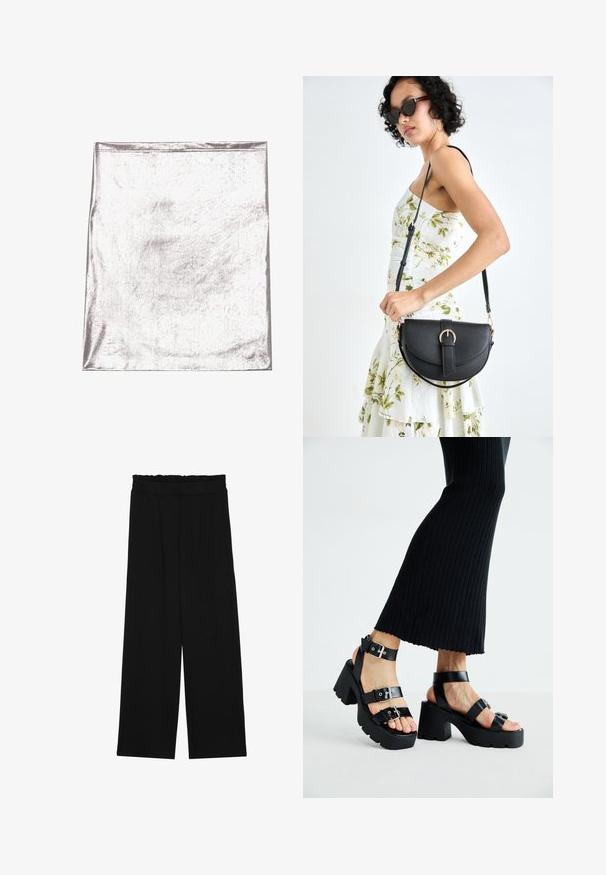 Metalizuoto sidabro audinio paviršius lygus ir šiek tiek blizgus. Stačiakampio formos, kraštai tvarkingai siuvami, be ryškių raštų ar akcentų.; Juodi platūs kelnes su volaniniu juosmeniu, turinčiu dvi šonines kišenes ir glotnią, lengvą medžiagą. Nėra matomų raštų ar detalių.; Juodos platformos sandalai su storais, gilių rašto padais ir keliais dirželiais, su metaliniais sagtelėmis ir glotnia oda primenančia tekstūra.; Juodas odinis krepšys su išlenkta forma, nuimamu dirželiu ir auksiniais detalėmis. Krepšys turi kilpą su sagtimi.