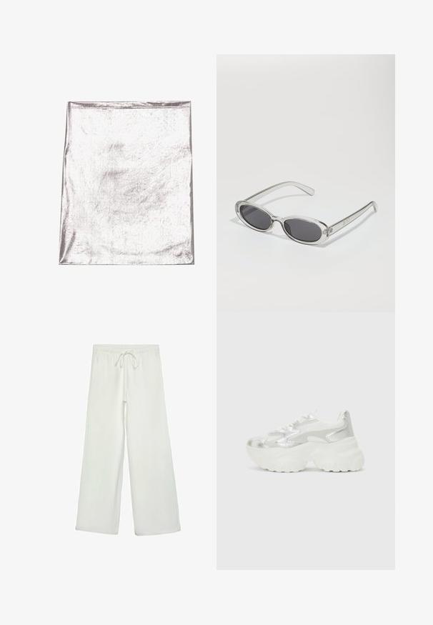 Tessuto metallico argenteo con una superficie liscia e una leggera lucentezza. Forma rettangolare, bordi ben cuciti, senza motivi o accenti prominenti.; Pantaloni bianchi a gamba larga realizzati in un tessuto morbido. Presentano un elastico in vita con cordino e una consistenza liscia. Senza motivi visibili o accessori.; Sneaker argento con una tomaia in mesh testurizzato e accenti iridescenti, dotata di una suola bianca spessa e chiusura con lacci.; Occhiali da sole con forma ovale, montatura in plastica trasparente, lenti grigie scure e aste sottili trasparenti con accenti di logo e dettagli minimi.