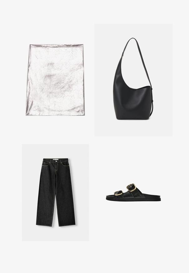 Metallic srebrna tkanina s glatkom teksturom i blago sjajna. Pravokutnog oblika, rubovi su uredno šiveni, bez istaknutih uzoraka ili naglasaka.; Crne traperice širokih nogavica s pet džepova, metalnim gumbom i zatvaračem te kontrastnim žutim šavovima.; Crne sandale na klizanje s dva zlatna akcenta u obliku kopči, glatkog teksturiranog materijala, ravnim potplatom i minimalističkim dizajnom.; Crna kožna hobo torba s glatkom teksturom, zakrivljenim oblikom i jednom podesivom trakicom; ima širok otvor na vrhu.