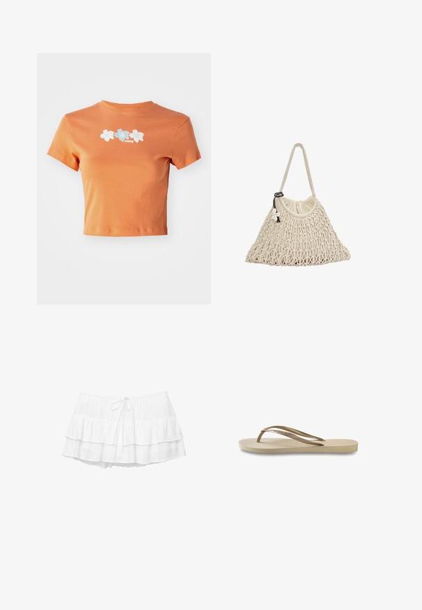 Kratka narančasta majica od pamuka s kratkim rukavima, na kojoj su čez frontu izvezene bijele i svijetloplave cvjetne motiva.; Bijela slojevita suknja s tri naborane sloja, elastičnom gumicom i detaljem s vezicom. Izrađena od laganog, teksturiranog materijala.; Svijetlosmeđi japank s teksturiranim uloškom, ravnim potplatom i tankim, sjajnim trakama. Sadrži suptilno brendiranje na traci.; Mrežasta torba u boji kreme, s mekanim unutrašnjim oblogom i jednom ručkom, ukrašena cvjetnim naglaskom i zatvaranjem na vezicu.