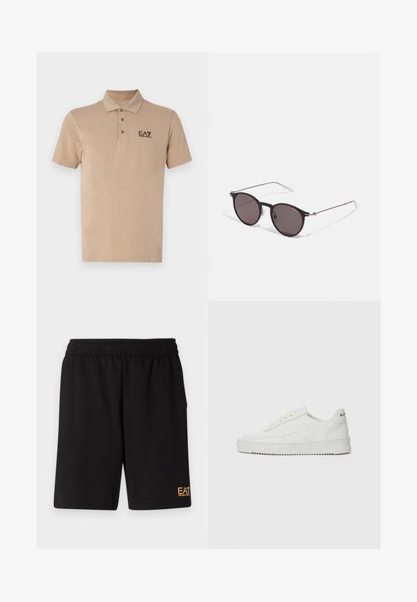 Vaaleanbeige puuvillapolo, jossa on klassinen kaulus, kolme nappia edessä, lyhyet hihat ja musta EA7-logo rinnassa.; Mustat urheilushortsit, jotka on valmistettu pehmeästä kankaasta. Kengissä on joustava vyötärönauha ja pieni keltainen EA7-logo vasemmassa alakulmassa.; Valkoinen nahkakenkä, jossa on sileä pinta, pyöreä kärki, tasaiset nauhat ja teksturoitu pohja. Sisältää huomaamattoman logon kantapäässä.; Musta pyöreä aurinkolasit tummilla linsseillä ja kapeilla metallikehyksillä. Sisältää kirkkaat temppelet ja hopeiset yksityiskohdat saranassa. Minimalistinen muotoilu.