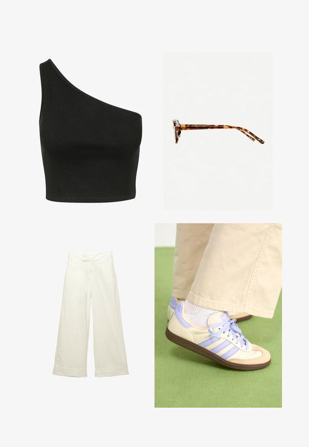 Svart ribbad crop-top med en asymmetrisk axelbanddesign. Tyget verkar mjukt med en slät textur och en tight silhuett.; Breda byxor i mjukt, krämfärgat tyg. Har en platt midja framtill och uppvikta fållar. Slät textur med en ren, minimalistisk design.; Krämfärgade och lavendelfärgade sneakers med tre ränder och en texturerad brun sula, med snören och en vadderad häl. Mjuk tygobero.; Sköldpaddsmönstrade solglasögon med en tjock ram, lätt böjda skalmar och en jämn yta. Har en klassisk design med en glansig finish.