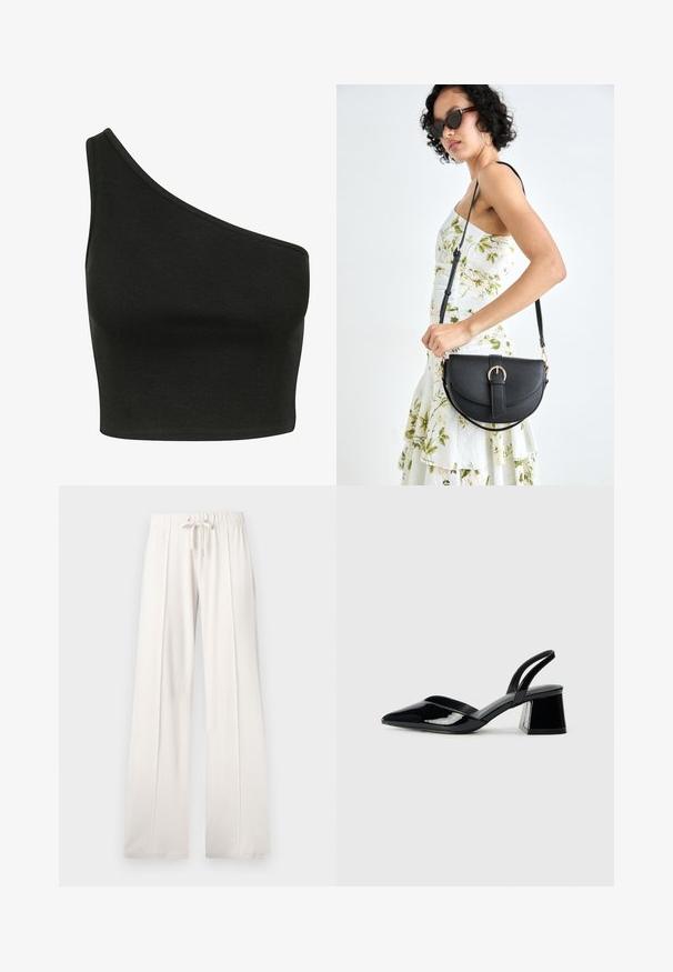 Crni rebrasti kratki top s asimetričnim dizajnom na jednom rame. Tkanina izgleda meko s glatkom teksturom i uskim krojem.; Svijetlosmeđi dukserice od mekanog materijala, s vezicom u struku, širokim nogavicama i vertikalnim šavovima, s glatkom teksturom.; Crne lakirane kožne sandale s otvorenom petom i špicastim vrhom, s geometrijskom blok petom. Imaju elegantan, minimalistički dizajn i glatku teksturu.; Crna kožna torba s lukovitim oblikom, odvojivim remenom i zlatnim detaljima. Torba ima preklop s kopčom.