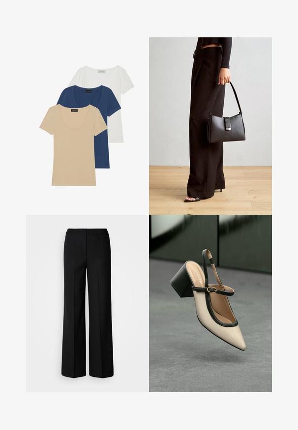 Tre kortermede t-skjorter i beige, marineblå og hvit. Båtformet hals, glatt stoff, med synlig merkeetikett på hver skjorte.; Svarte vide bukser med et glatt stoff, med høy livvidde, skreddersydde sømmer og et minimalistisk design. Ingen synlig maskinvare eller lommer.; Beige spiss tå slingback sko med svart kant, gullspenne og tykk blokkheel på grått gulv med mørkegrønn bakgrunn.; Svart håndveske med strukturert form, jevn tekstur og metallisk lås. Kombinert med brede svarte bukser og sandaler med åpen tå på tregulv.