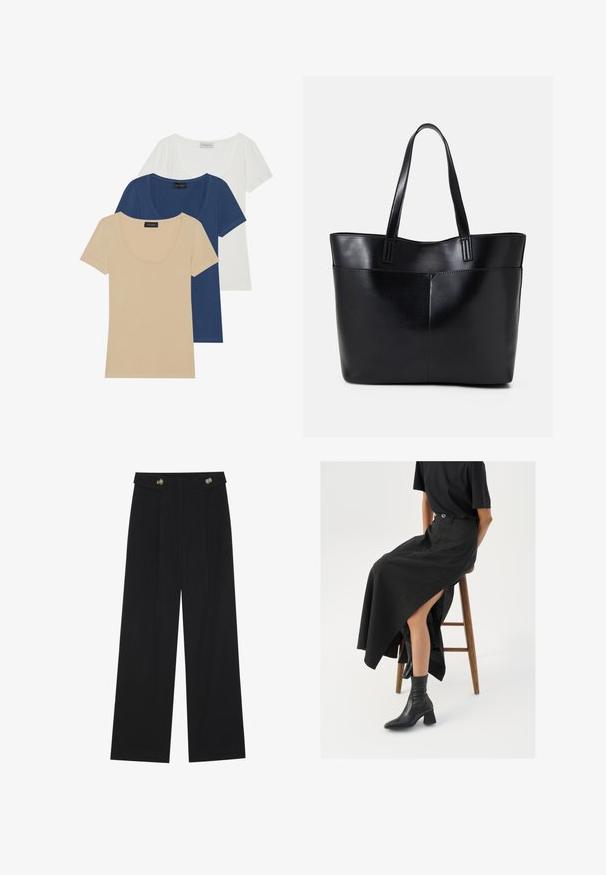 Három rövid ujjú póló bézs, tengerészkék és fehér színben. Kerek nyakkivágás, sima anyag, mindegyik pólón látható márkajelzés.; Fekete, bő szárú nadrág magas derékkal, gombos részletekkel a derékrészen és elülső pliszékkal.; Fekete len maxi szoknya magas hasítékkal, fekete pólóval és fekete bokacsizmával viselve. Minimalista dizájn, laza illeszkedéssel.; Fekete bőr bevásárlótáska két hosszú fogantyúval, sima felülettel és strukturált formával. Elülső zseb található rajta a plusz tárolás érdekében.