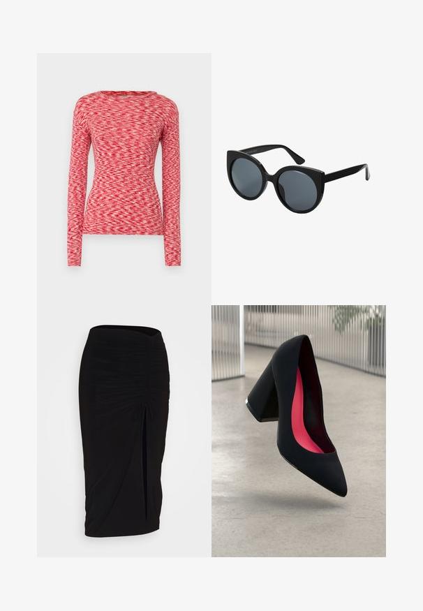 Mads Nørgaard SPACE TUBA TEE - Maglietta a manica lunga - multi red; Gonna a tubino nera, arricciata, con dettaglio a fiocco e uno spacco laterale. Realizzata in un tessuto elasticizzato, presenta una texture liscia e un design aderente.; Scarpa con tacco alto nera, con punta affusolata, superficie testurizzata e un vivace interno rosa. Presenta un tacco spesso con un accento argentato.; Occhiali da sole oversize neri con forma a occhio di gatto, lenti scure e montatura in plastica lucida. Presentano aste spesse per maggiore supporto.