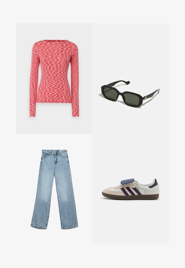 Mads Nørgaard SPACE TUBA TEE - Langarmshirt - multi red; Hellblaue, weit geschnittene Jeans aus Denim, mit einem klassischen Fünf-Taschen-Design und geradem Schnitt, mit minimalen Ausbleichungen an den Beinen.; Weißes Mesh-Sneaker mit beigen Wildlederakzenten, navyblauen und roten Streifen, einem blauen Riemen und einer strukturierten braunen Gummisohle. Flache Schnürsenkel und gepolsterter Schaft.; Schwarze rechteckige Sonnenbrille mit einfarbigen grünen Gläsern, featuring einer glänzenden Oberfläche und einem goldenen Logo-Akzent an der Seite.