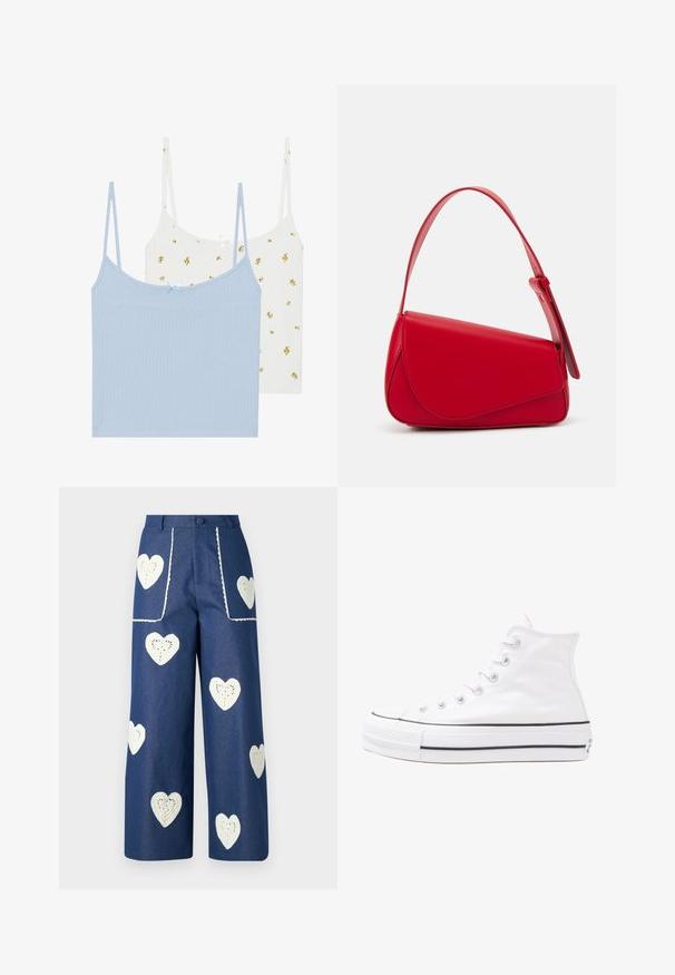 Divas krūšturi, viens gaiši zils un otrs balts ar dzelteniem ziedoņiem. Abiem ir ribota auduma struktūra un plānas regulējamas siksnas.; Ziedu blūze ar garām pūkām, gaiši krēmveida pamatne, ar purpursarkanām, oranžām un zaļām ziedu rakstiem, kā arī klasisko apkakles dizainu.; Sister Jane HEART TO HEART - Džinsi ar taisnām starām - blue denim; Balti augstie kanvas sporta apavi ar melnu gumijas zoli, priekšējo gumijas purngalu un sešām acīm lencēm, kuriem ir tīrs, minimālistisks dizains.; Sarkans ādas rokassomi ar stūrainu, ģeometrisku dizainu. Iekļauj vienu regulējamu siksnu un vāku ar izšūtu detaļu.