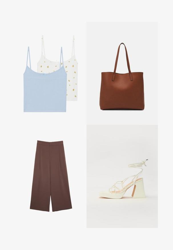 Due camisole, una blu chiaro e una bianca con motivi floreali gialli. Entrambe presentano tessuto a coste e sottili spalline regolabili.; Pantaloni ampi marroni con una texture liscia, caratterizzati da una vita alta e pieghe frontali. Il tessuto è leggero e scorre liberamente.; Sandalo bianco con tacco alto, caratterizzato da un design a cinturini e un legaccio alla caviglia. Texture liscia con una piattaforma frontale per un'altezza aggiuntiva.; Borsa tote in pelle marrone con texture liscia, design con apertura superiore e due spallacci. Presenta cuciture minime e nessun hardware visibile.