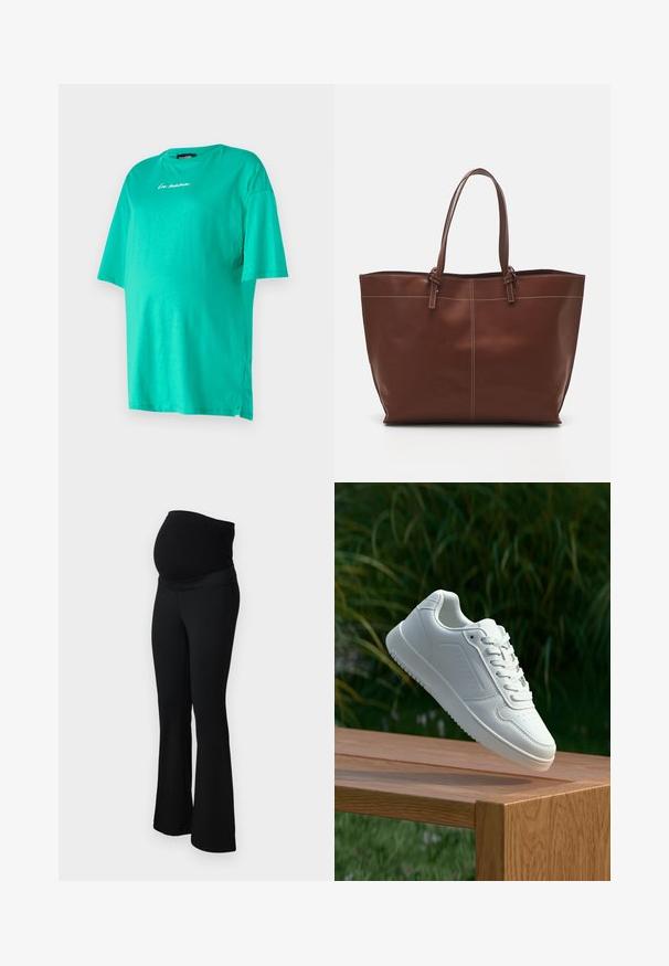 T-shirt oversized turquesa em algodão suave com mangas curtas, decote redondo, detalhe bordado "la mama" e fendas laterais para maior conforto.; ONLY MATERNITY OLMPAIGE - Calças - black; Sapatilha branca com um cabedal sintético liso, caixa dos dedos perfurada, atacadores planos e uma sola texturizada, exposta sobre uma superfície de madeira.; Sacola Tote de couro castanho com alças duplas, apresenta costura em contraste e um design espaçoso, adequada para o uso diário.
