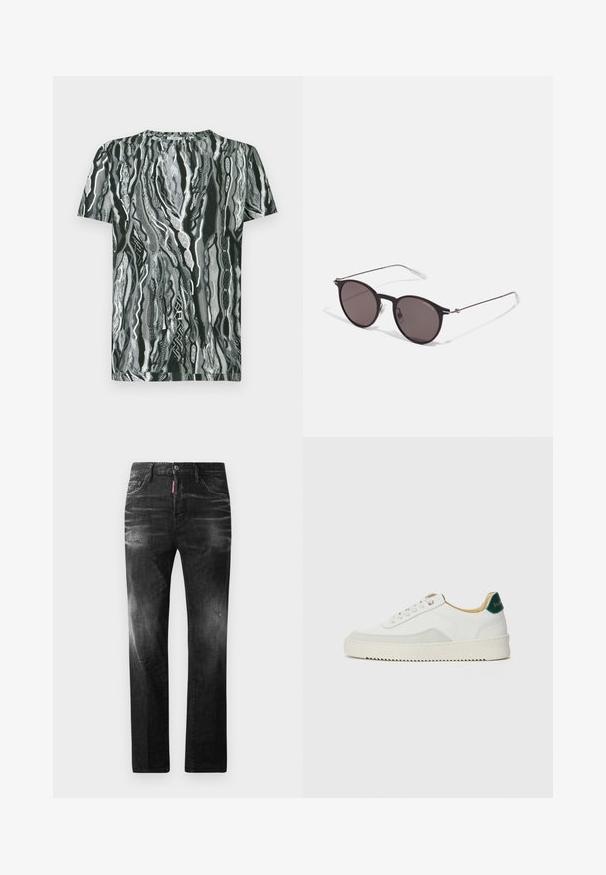 Majica s kratkim rukavima u crno-bijelom apstraktnom uzorku valova, s okruglim izrezom i glatkom teksturom pamučne tkanine.; Crne traperice od denima ravnog kroja. Imaju izbljedjela područja, male oštećenja, klasičan dizajn s pet džepova i kopčanje na dugme.; Bijele tenisice s akcentima od antilopa, zaobljenim vrhom, ravnim vezicama i krem gumenim potplatom. Imaju zelenu oznaku na peti.; Crne okrugle sunčane naočale s tamnim staklima i tankim metalnim ručkama. Uključuju prozirne vrhove ručki i srebrne naglaske na šarkama. Minimalistički dizajn.
