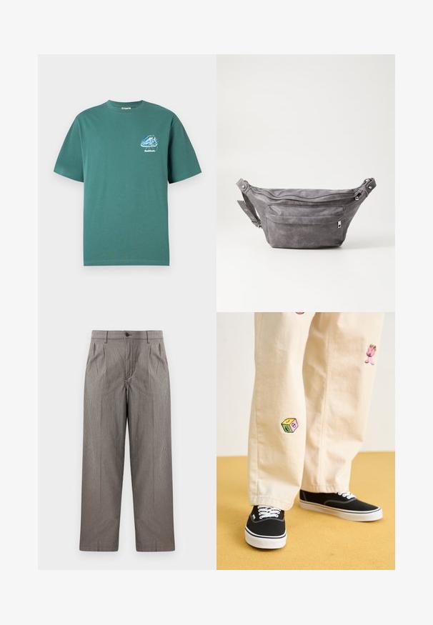 Žalias medvilninis marškinėliai trumpomis rankovėmis, su mažai spalvingu grafikos dizainu kairiajame krūtinės pusėje. Lengvas, normalus kirpimas.; Pilkos hounds-tooth rašto kelnės su tiesio kirpimo dizainu, turinčios raukšlių, liemens su mygtuku uždarymo ir šonines kišenes.; Bežinės medvilninės kelnės su žaismingais siuvinėjimais, įskaitant rožinį personažą ir spalvotą bloką, derinamos su juodais bateliais su raišteliais.; Pilkas suedes fanny pack'as apvalios formos, su dviem užtraukiamais skyreliais ir reguliuojama diržele. Yra metaliniai aksesuarai.