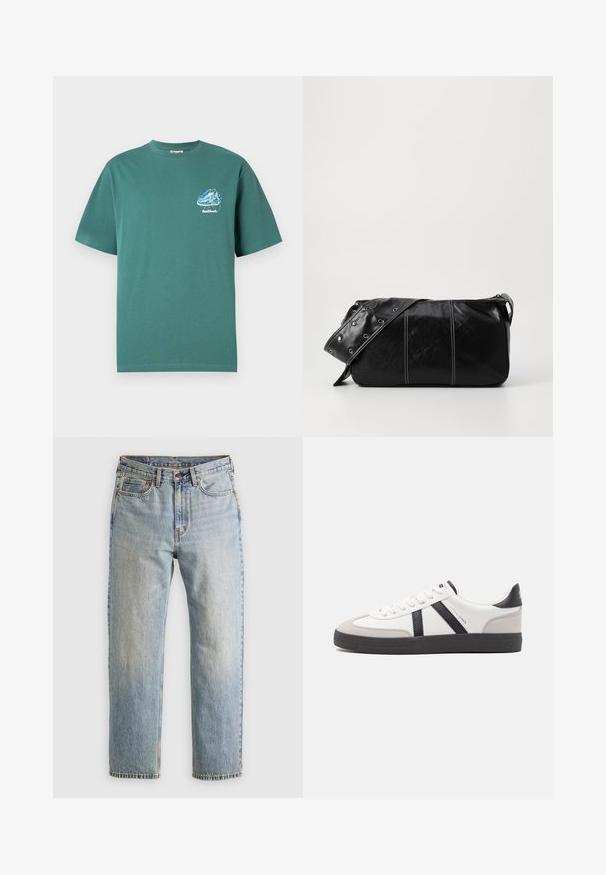 Grön bomullströja med korta ärmar, med en liten, färgglad grafisk design på vänster bröst. Lätt och i vanlig passform.; Ljusblå denimjeans med hög midja, framknäppning, dragkedja och femficksdesign, placerade platt på en neutral bakgrund.; Vit sneaker med svarta och grå accenter, med en strukturerad grå tådel, svart gummisul, och platta vita skosnören. Ren design, minimalistisk stil.; Svart läder axelväska med dragkedjestängning, som har en texturerad yta, vit sömnad och ett bälte med silveröglor.