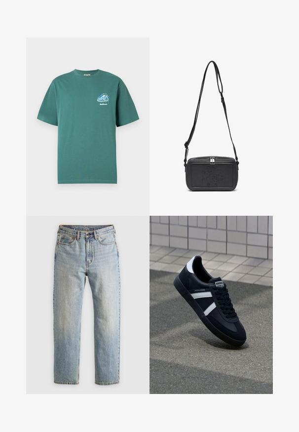 Tricou din bumbac verde, cu mâneci scurte, având un mic design grafic colorat pe pieptul stâng. Ușor, cu o croială normală.; Jeans din denim de culoare albastru deschis, cu talie înaltă, nasture frontal, fermoar și design cu cinci buzunare, așezate platesc pe un fundal neutru.; Sneaker din piele neagră cu dungi albe, talpă din cauciuc texturat și șireturi. Prezintă un eticheta de marcă pe limbă.; Geantă din piele neagră, tip crossbody, cu închidere cu fermoar, logo embosat pe față și curea ajustabilă. Textură netedă și formă rectangulară.