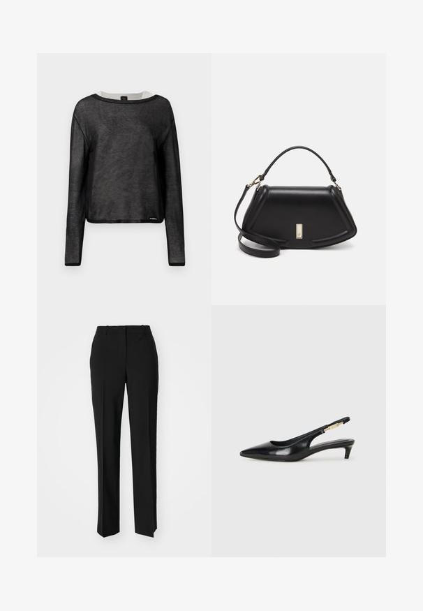 Fekete hosszú ujjú blúz laza fazonnal, áttetsző anyagból készült. Kerek nyakkivágással és kontrasztos fehér díszítéssel rendelkezik, az alján pedig egy kis logó található.; Fekete, testhezálló nadrág egyenes szárú kivitelben, sima textúrával és éles redőkkel az elején. Nincs látható fémalkatrész.; Fekete bőr slingback magassarkúk, hegyes orral, vékony sarkakkal és arany színű részlettel a állítható pánton. Simа felület.; Fekete bőr kézitáska, strukturált dizájnnal, rövidített formával, felső fogantyúval és arany színű kiegészítőkkel. Állítható vállpánt is tartozik hozzá.