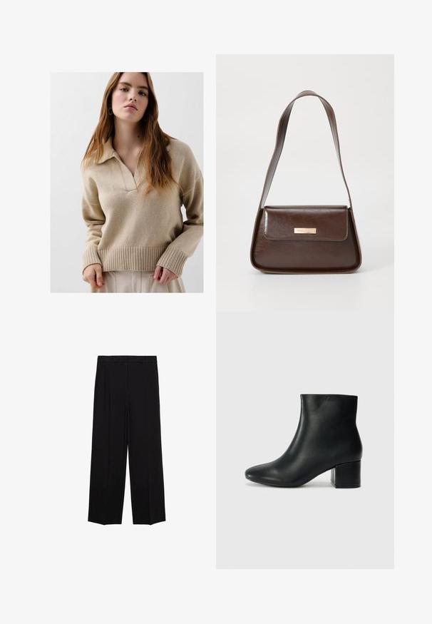 Beige knit pullover with a collar, ribbed cuffs, and hem. Soft texture and relaxed fit. Model stands against a neutral background.; Black wide-leg trousers with a smooth fabric, featuring pleats at the front and side pockets, designed with a straight, relaxed cut.; Black leather ankle boots with a pointed toe and a chunky heel. Smooth texture with minimal accents and a sleek, fitted design.; Brown leather shoulder bag with a structured shape, featuring a magnetic flap closure and a metallic logo accent on the front.