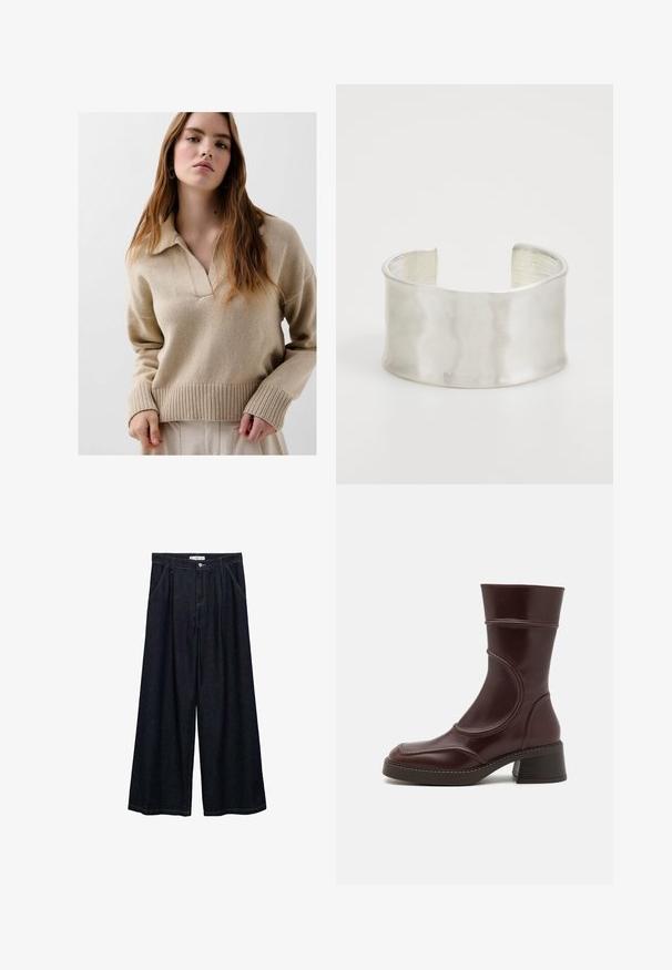 Beżowy sweter z dzianiny z kołnierzykiem, ściągaczami przy mankietach i u dołu. Miękka tekstura i luźny krój. Model stoi na tle neutralnym.; Ciemnoniebieskie spodnie o szerokich nogawkach z wysokim stanem, z zamknięciem na guzik z przodu, dwoma bocznymi kieszeniami oraz detalami w szwach.; MIISTA MALENE brązowy; Zign - Bransoletka