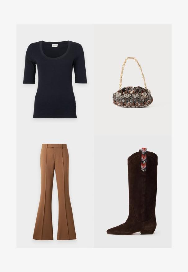 Tengerészkék, testhezálló póló, kerek nyakkivágással és háromnegyedes ujjakkal. Puha, rugalmas anyagból készült a kényelem érdekében.; Bézs színű, sima anyagból készült, harangszárú nadrág, magas derekú kialakítással, gyűrt hajtásokkal és egy elülső zsebbel a részletgazdagság érdekében.; Barna velúr térdig érő csizma hegyes orral és alacsony blokk sarokkal. Hátul mintás, többszínű húzófüllel rendelkezik.; Fekete és krém virágmintás szövet táska, összeszedett kialakítással, aranylánc fogantyúval és fémes díszítésekkel.