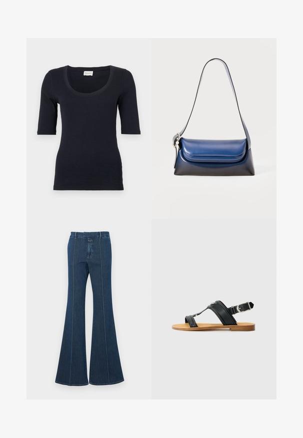 Tengerészkék, testhezálló póló, kerek nyakkivágással és háromnegyedes ujjakkal. Puha, rugalmas anyagból készült a kényelem érdekében.; Sötétkék farmer trapéznadrág, strukturált varrással és letisztult kivitelezéssel. Közepes magasságú derékpánttal és széles, folydogáló lábakkal rendelkezik.; Fekete bőr szandál állítható csattal, lapos barna talppal és két széles pánttal, amelyek átkereszteződnek a lábon, minimalista dizájnnal.; Sötétkék bőr kézitáska sima felülettel, lekerekített formával, hajtott tetejével és egyetlen vállpánttal. Ezüst színű kiegészítőkkel.