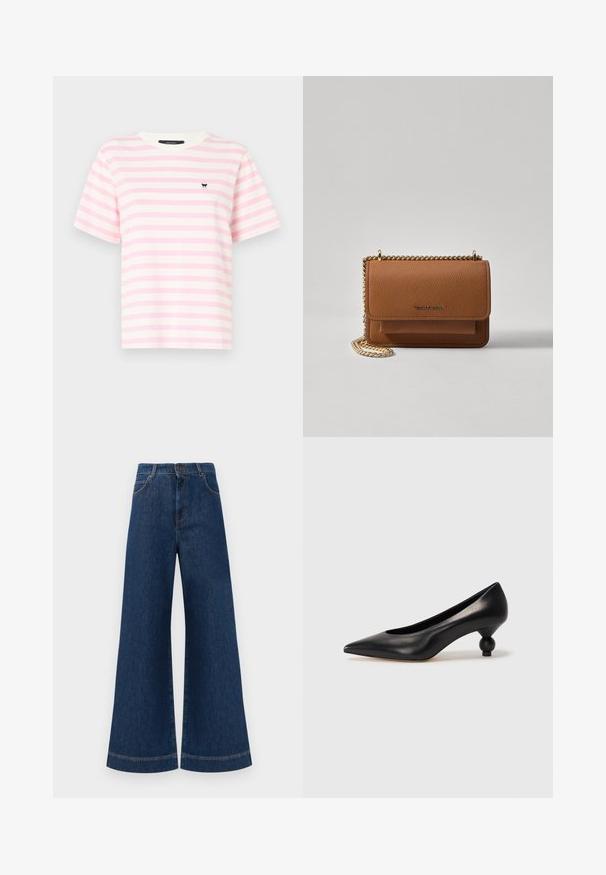Raidallinen lyhythihainen T-paita pehmeässä vaaleanpunaisessa ja valkoisessa, tehty puuvillasta. Ominaisuuksina pyöreä kaula-aukko ja pieni musta logo rinnassa.; Siniset farkut leveällä lahkeella ja korkealla vyötäröllä, jossa on nappikiinnitys, vyölenkit sekä huomaamattomat tikkaus yksityiskohdat taskuissa ja lahkeissa.; Musta nahkakengät korkealla korolla, joissa on terävä kärki ja pyöreä, pallomainen korko. Sileä pinta ja tyylikäs, minimalistinen muotoilu.; Ruskean teksturoidun nahkasta valmistettu crossbody-laukku, jossa on kultaketjuhihna ja läppäkiinnitys. Edessä on logodetail ja tasku läppäisen alla.
