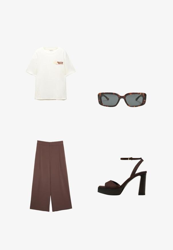 PULL&BEAR SUN GRAPHIC - Triko s potiskem - white; Hnědé široké kalhoty s hladkou texturou, vysokým pasem a předními záhyby. Materiál je lehký a volně splývá.; Hnědé semišové sandály na vysokém podpatku s otevřenou špičkou, nastavitelným páskem kolem kotníku a proužkovou platformou.; Sluneční brýle ve stylu želvoviny s obdélníkovými čočkami, silnými rámy a tmavými zbarvenými čočkami. Hladký povrch a minimalistický design.