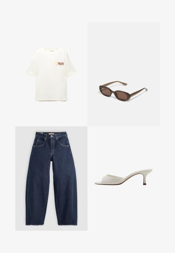 PULL&BEAR SUN GRAPHIC - Triko s potiskem - white; Tmavě modré džíny z denimu s volným střihem, světlým prošíváním, pěti kapsami a knoflíkovým zapínáním v pase.; Bílé otevřené lodičky na vysokém podpatku s hladkým povrchem, minimalistickým designem a štíhlým podpatkem, se slabým hnědým akcentem na podrážce.; Hnědé oválné sluneční brýle s tmavými skly. Rámeček je z průhledného hnědého materiálu a má na stranách potisk s logem.; Zelená kožená kabelka s hladkou texturou, zakřiveným tvarem a pleteným držadlem. Obsahuje zipové uzávěr a nastavitelný popruh.