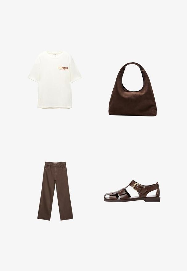 PULL&BEAR SUN GRAPHIC - Tričko s potlačou - white; Džínsy s širokými nohavicami v hnedej farbe, vyrobené z denimu, so zvýšeným pásom, prednými vreckami a klasickým zapínaním na gombík. Hladká textúra s jemným prešívaním.; Hnedé kožené sandále s vyrezávaným dizajnom, nastaviteľnou bočnou sponou a plochou podrážkou, s kovovými akcentmi a otvorenou špičkou.; Svetlohnedá kabelka v štýle hobo s jedným širokým popruhom a zakriveným otváraním na vrchu, vystavená na bielom pozadí.