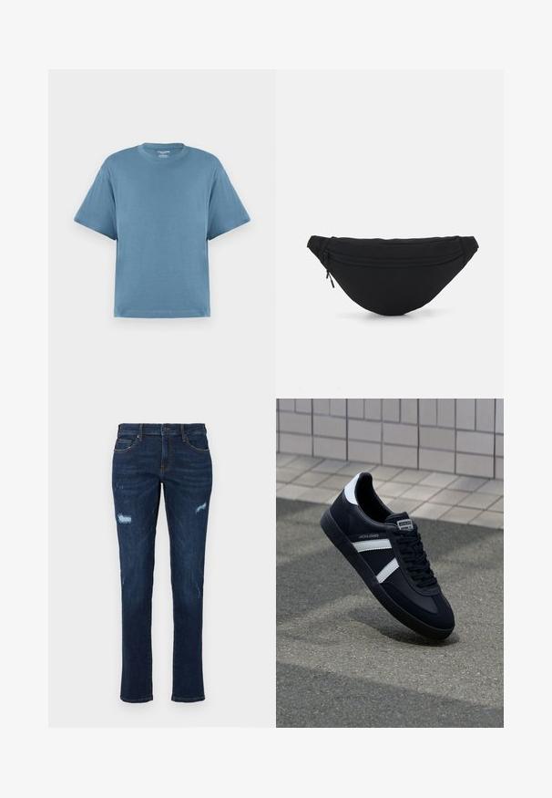 Blauw T-shirt met korte mouwen, gemaakt van katoen, met een ronde hals en een ontspannen pasvorm. Gladde textuur, minimalistisch ontwerp, geen patronen of accenten.; Donkerblauwe spijkerbroek met een rechte snit, voorzien van versleten scheuren bij de knieën, traditionele zakken en zichtbare contrasterende stiksels.; Zwarte leren sneaker met witte strepen, een gestructureerde rubberen zool en vetersluiting aan de voorkant. Voorzien van een merklabel op de tong.; Zwarte stof heuptas met een afgeronde vorm, voorzak met rits en een gladde textuur. Geen zichtbare patronen of accenten. Lichtgewicht ontwerp.