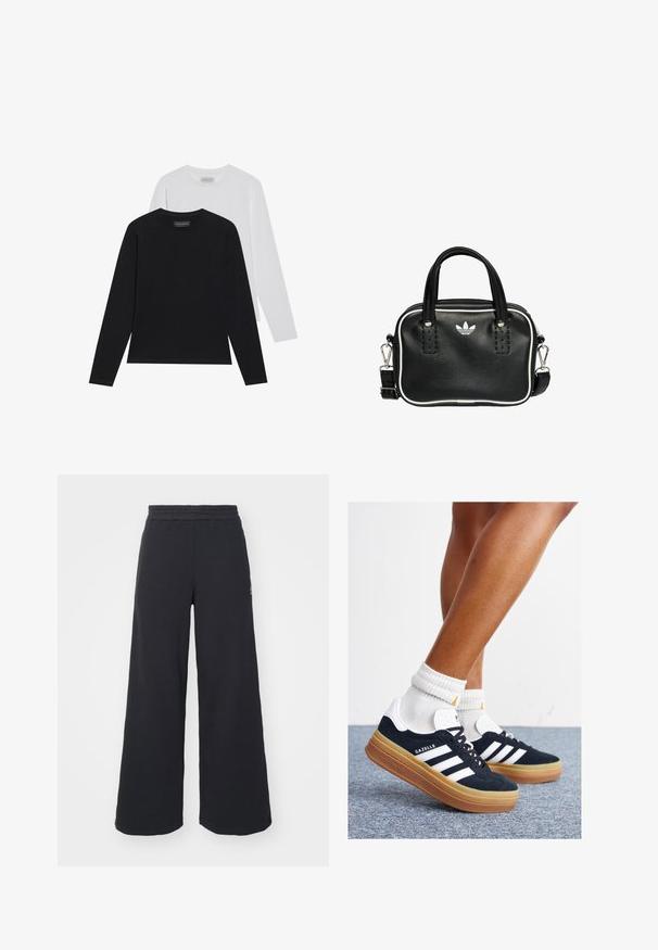 Due magliette a maniche lunghe: una nera e una bianca. Entrambe presentano un collo rotondo e una texture liscia e a coste. Etichetta del marchio visibile all'interno del collo.; Pantaloni felpati neri a gamba larga realizzati in tessuto morbido, con un elastico in vita e un piccolo logo sul lato sinistro.; Sneakers in pelle scamosciata nera con strisce e dettagli bianchi, punta arrotondata, suola in gomma color gomme, abbinate a calzini bianchi a coste alla caviglia.; Borsa a mano in pelle nera con due manici corti, hardware argentato, dettagli bianchi e un logo bianco. Presenta una superficie strutturata e un design compatto.