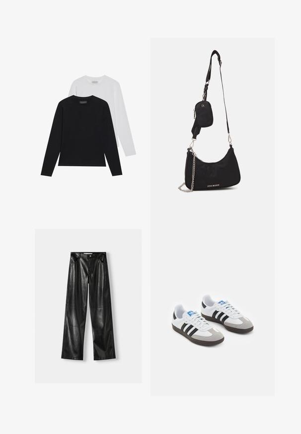 Dva dolgoročna majici s dolgimi rokavi: ena črna in ena bela. Obe imata okrogel ovratnik in gladko, rebrasto teksturo. Logotip blagovne znamke je viden znotraj ovratnika.; Črne usnjene hlače širokega kroja z sijočo teksturo, ki vključujejo dve sprednji žep, zapiranje na gumb in vidne šive.; Športni čevlji z belim usnjenim zgornjim delom, sivim semišem na prstih in tremi črnimi črtami. Imajo modro logo na jeziku in teksturiran gumijast podplat.; Črna najlonska torba za rame s ukrivljenim oblikom, s srebrnim verižnim dodatkom, odstranljivim mini žepkom in nastavljivim trakom; vsebuje logotip "Steve Madden".