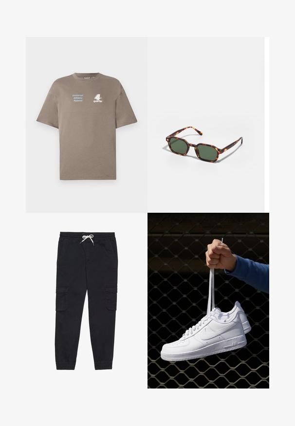T-shirt en coton brun avec un col rond. Présente le texte bleu "Universal Athletic Apparel" et le logo blanc "4th quarter" sur le devant. Manches courtes.; Pantalons cargo noirs en coton, avec une taille élastique et un cordon de serrage, des poches latérales et des poignets fuselés.; Baskets en cuir blanc avec perforations, à bout rond, semelle plate et lacets épais, arborant un logo swoosh visible et "AIR" sur le talon.; Lunettes de soleil en écaille de tortue avec des verres verts, présentant une forme octogonale et des branches minces et courbées. Le matériau a une finition brillante.