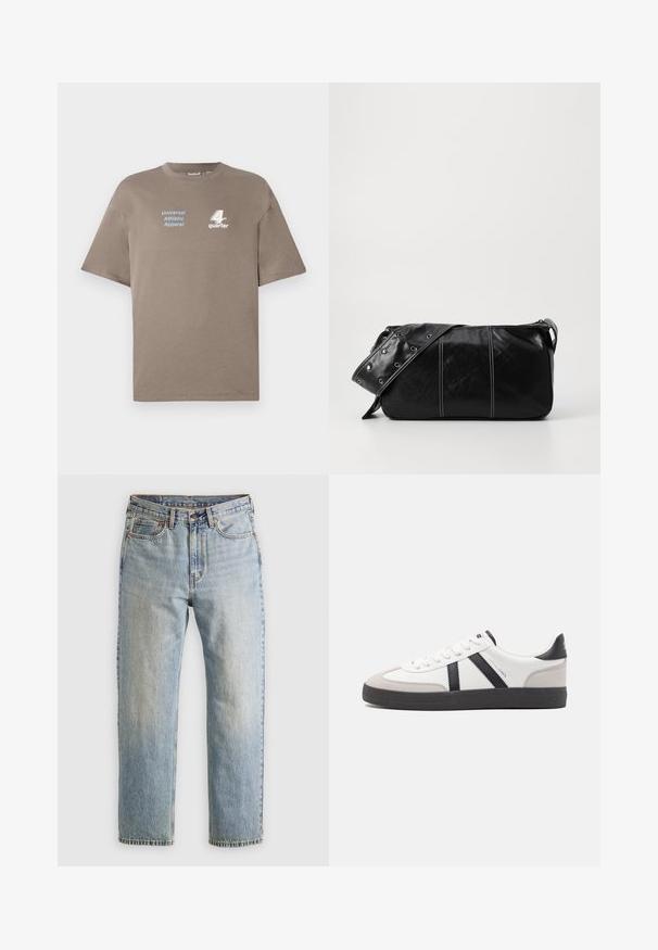 T-shirt en coton brun avec un col rond. Présente le texte bleu "Universal Athletic Apparel" et le logo blanc "4th quarter" sur le devant. Manches courtes.; Jean en denim bleu clair à taille haute, avec bouton avant, fermeture éclair et design à cinq poches, posé à plat sur un fond neutre.; Baskets blanches avec des accents noirs et gris, présentant un embout texturé gris, une semelle en caoutchouc noir et des lacets plats blancs. Design épuré, style minimaliste.; Sac à épaule en cuir noir avec une fermeture éclair, doté d'un corps texturé, de coutures blanches et d'une sangle avec des œillets en argent.