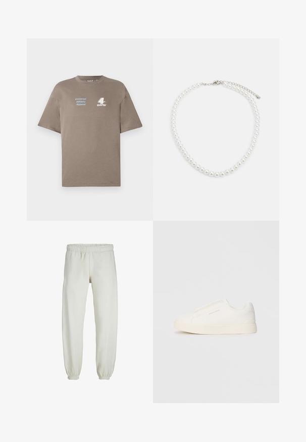 T-shirt in cotone marrone con scollo rotondo. Presenta il testo blu "Universal Athletic Apparel" e il logo bianco "4th quarter" sulla parte frontale. Maniche corte.; Pantaloni tuta bianchi realizzati in tessuto morbido, dotati di vita e polsini elastici, con una texture liscia e una vestibilità ampia.; Sneakers bianchi slip-on con superficie texturizzata, suola spessa e design minimalista. Presentano il logo del marchio sul lato.; Collana di perle bianche con forma rotonda uniforme, superficie liscia e chiusura in metallo con catena di estensione per lunghezza regolabile.
