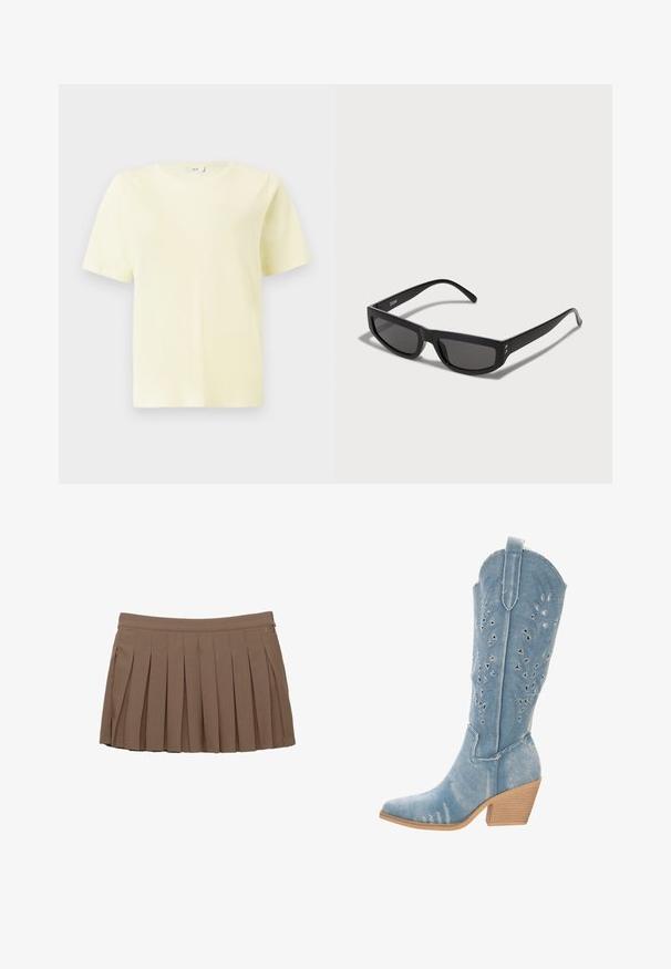 Koszulka unisex z krótkim rękawem, okrągłym dekoltem, gładka w jasnym żółtym kolorze, wyeksponowana na białym tle.; Brąskowa, plisowana mini spódnica z paskiem w talii i subtelnym logo po bokach na białym tle.; Dżinsowy kowbojski but, jasnoniebieski, spiczasty nos, wycięcia w kształcie trójkątów, niski, piętka w stylu stacked, teksturowane wykończenie.; Czarne okulary przeciwsłoneczne o prostokątnym kształcie, z ciemnymi soczewkami i cienkimi zausznikami. Złote akcenty przy zawiasach.; Brązowa torebka z lakierowanej skóry o prostokątnym kształcie, z dwiema długimi rączkami i subtelnymi zaokrągleniami z przodu.